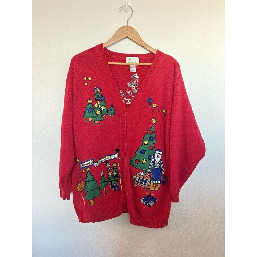 VTG Christmas Ugly Red Knit Embroidered Sweater Cardigan 1X Holiday Santa Granny
